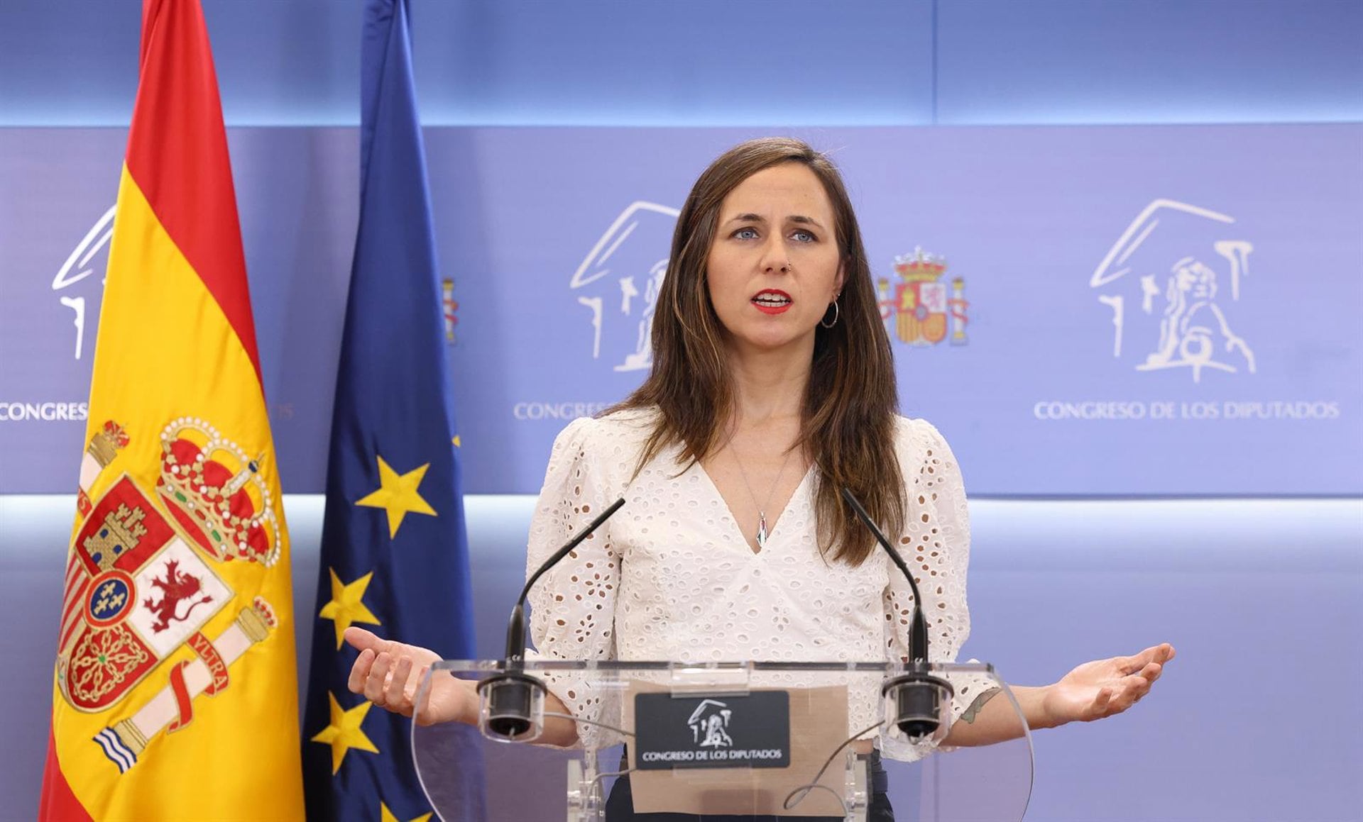 13/10/2026 La portavoz de Podemos en el Congreso, Ione Belarra, durante una rueda de prensa, en el Congreso de los Diputados, a 13 de octubre de 2026, en Madrid (España).POLITICA Marta Fernández - Europa Press