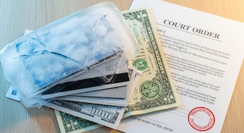 Una pila de tarjetas, billetes de dólar y documentos financieros cubierta por hielo agrietado, junto a una orden judicial con un sello rojo sobre una mesa de madera.