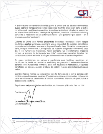 El partido reveló que el Gobierno Petro atacó a varios de sus miembros - crédito Cambio Radical