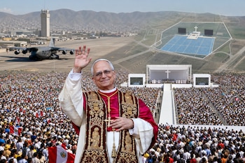 Fotomontaje de un pontífice que saluda ante una multitud con banderas peruanas, con un altar exterior y una pista aérea con un avión militar.