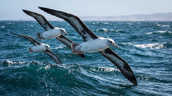 Tres albatros de plumaje blanco y alas oscuras vuelan cerca de la superficie del agua con olas.