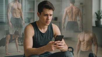 Un hombre joven con camiseta de tirantes y pantalón deportivo gris mira un teléfono móvil. Cuatro figuras difusas y semitransparentes de hombres musculosos le rodean.