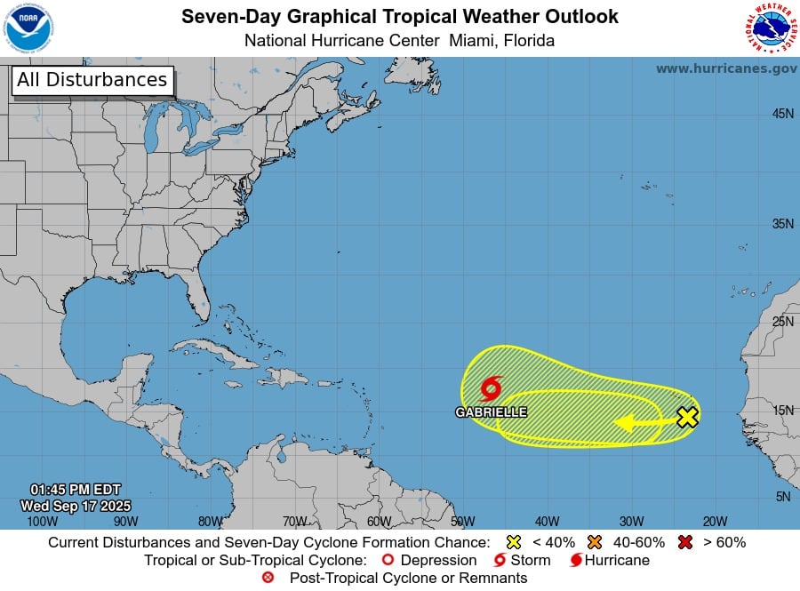 La tormenta tropical Gabrielle avanza en el Atlántico central y podría alcanzar la categoría de huracán este fin de semana, según alertó el Centro Nacional de Huracanes. (NHC)