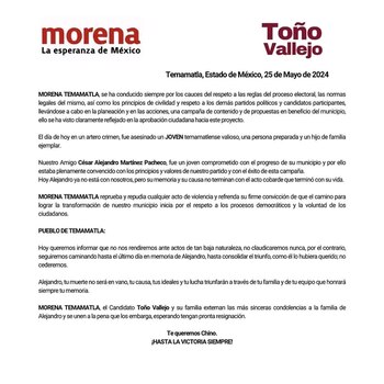 Morena lamenta el fallecimiento de