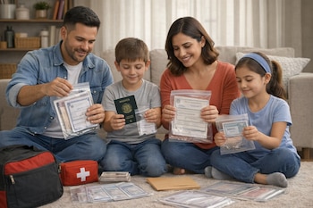 Una familia de cuatro personas sentada en el suelo organiza documentos en bolsas transparentes; hay pasaporte mexicano, dinero y un botiquín.
