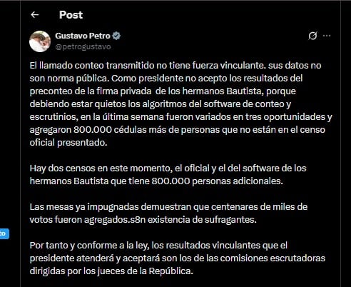 A través de un mensaje publicado en X, el mandatario sostuvo que hubo modificaciones al software de conteo durante la última semana - crédito @petrogustavo/X