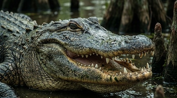 Primer plano de la cabeza de un caimán gris oscuro en el agua, con la boca ligeramente abierta mostrando sus dientes blancos y afilados.