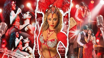 Mujer de carnaval con atuendo rojo y plumas en el centro. A los lados, collage difuso de Cazzu y un bailarín en concierto, con luces rojas y micrófonos.