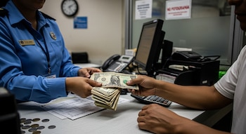 Manos de dos personas intercambian billetes de dólar estadounidense. Sobre el mostrador hay monedas, papeles, teléfono, monitor y calculadora. Una persona usa uniforme.