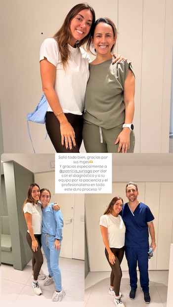 Floppy Tesouro, vistiendo una camiseta blanca y leggings oscuros, sonríe junto a un equipo médico en diferentes tomas dentro de un hospital o clínica