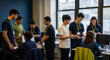 Grupo de jóvenes en un espacio de oficina con grandes ventanales. Algunos de pie con camisetas y credenciales, otros sentados en escritorios con computadoras.