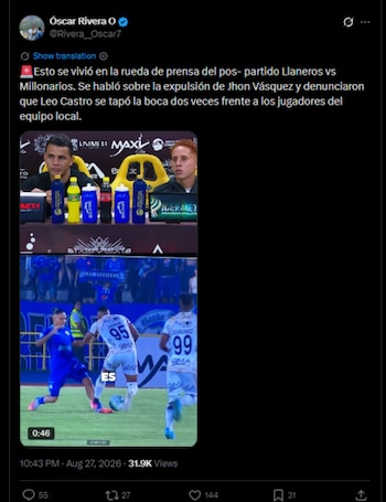 El periodista detalló el momento en el cual el comunicador encara al técnico de Llaneros por las polémicas arbitrales vs. Millonarios-crédito @Rivera__Oscar7/X
