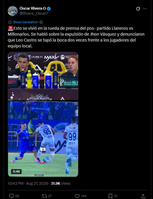 El periodista detalló el momento en el cual el comunicador encara al técnico de Llaneros por las polémicas arbitrales vs. Millonarios-crédito @Rivera__Oscar7/X