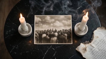 Imagen conceptual: dos velas encendidas, una foto antigua borrosa de una multitud y un papel quemado con "perdón" y "memoria" sobre mármol oscuro.