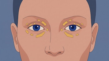Ilustración en vista frontal de un rostro con ojos azules y pequeñas placas amarillas en los párpados superior e inferior.