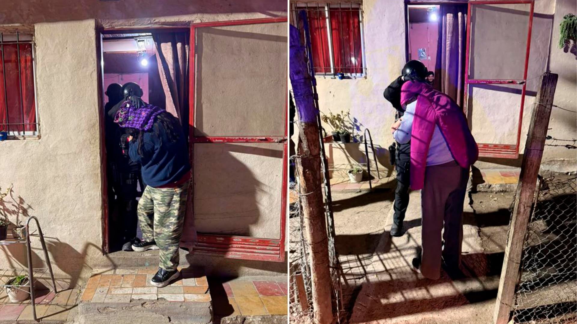 Agentes de fuerzas de seguridad trasladan a una familia durante un operativo por narcotráfico