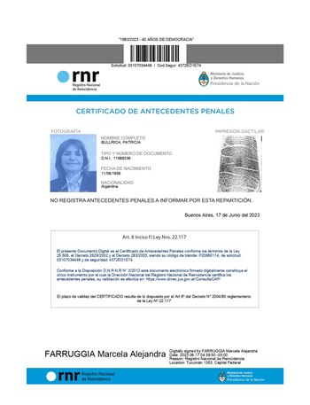 Patricia Bullrich presentó su certificado