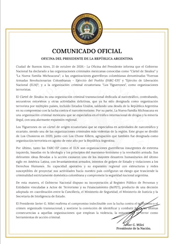 El Gobierno formalizó la incorporación de cinco organizaciones criminales y guerrilleras al RePET mediante una resolución publicada en el Boletín Oficial