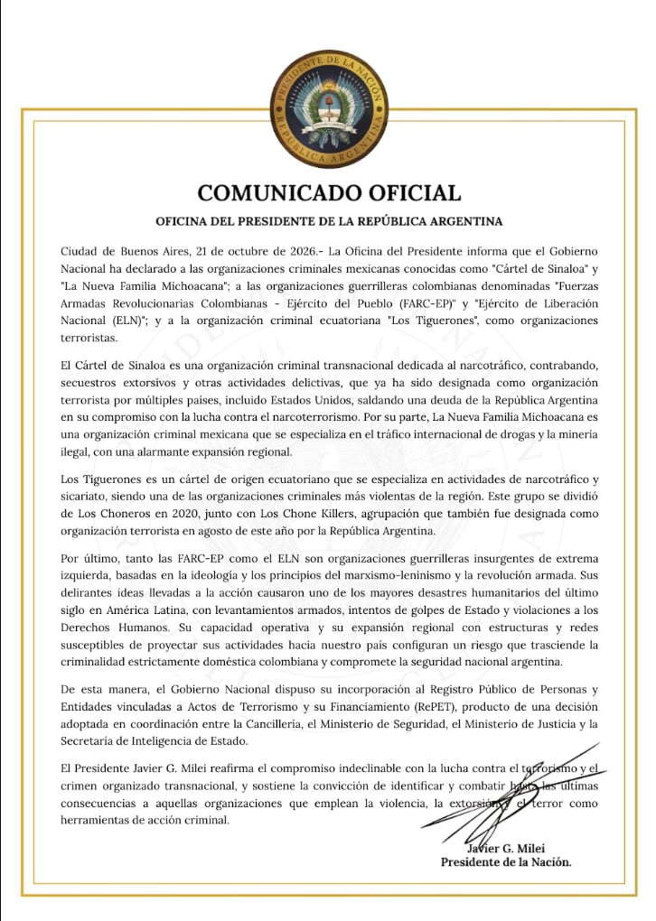 El Gobierno formalizó la incorporación de cinco organizaciones criminales y guerrilleras al RePET mediante una resolución publicada en el Boletín Oficial