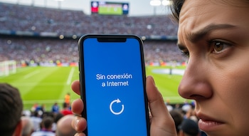 Primer plano de persona frustrada con celular que muestra 'Sin conexión a Internet'. De fondo, estadio de fútbol con la multitud.