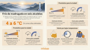 Infografía con gráficos de termómetro, mapa de alcaldías, reloj, abrigo y datos numéricos de temperatura para la Ciudad de México.