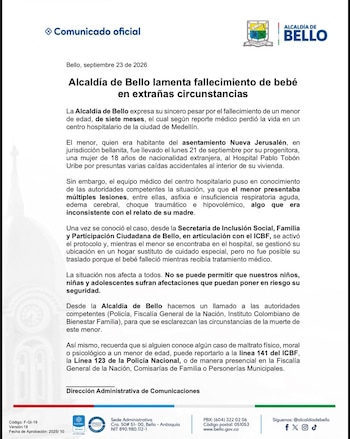 La Alcaldía de Bello pidió esclarecer la muerte de un bebé de siete meses que falleció mientras recibía atención en el Hospital Pablo Tobón Uribe de Medellín - crédito Alcadía de Bello