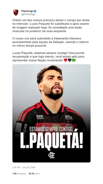 O Flamengo divulgou comunicado após a apuração das imagens, embora não tenha especificado o tempo estimado de saída do jogador.