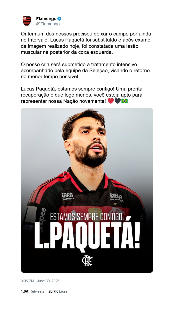 Flamengo publicó un comunicado tras los estudios por imágenes, aunque tampoco precisó el tiempo estimado de baja del jugador
