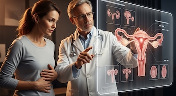 Médico y paciente frente a una pantalla digital con ilustraciones del sistema reproductivo femenino. La mujer se toca el abdomen, el médico señala la imagen.