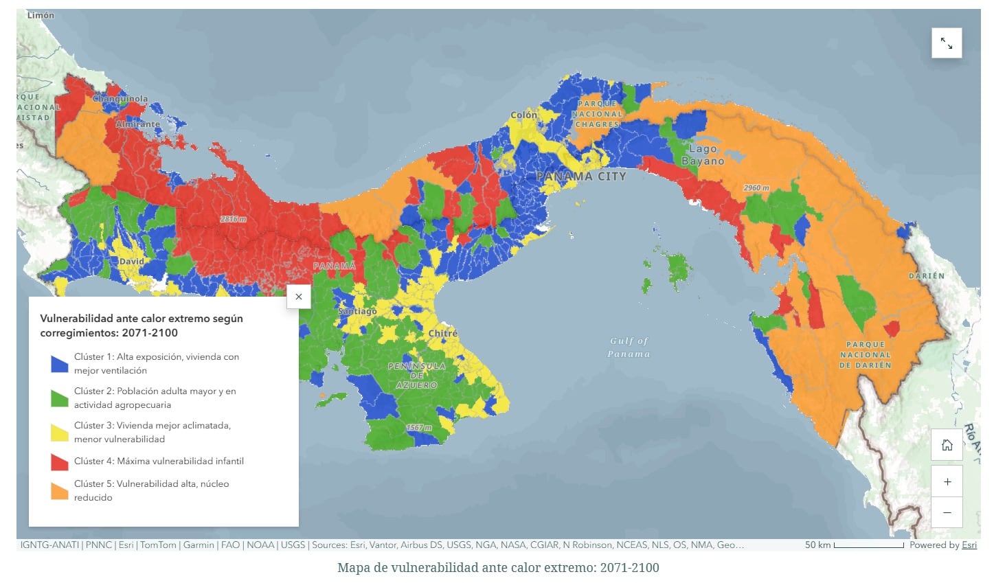 Mapa de Panamá muestra la vulnerabilidad de los corregimientos ante el calor extremo. (Cortesía)