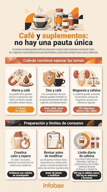 Infografía sobre café y suplementos nutricionales con ilustraciones de tazas, frascos de cápsulas, iconos de minerales y recuadros explicativos.