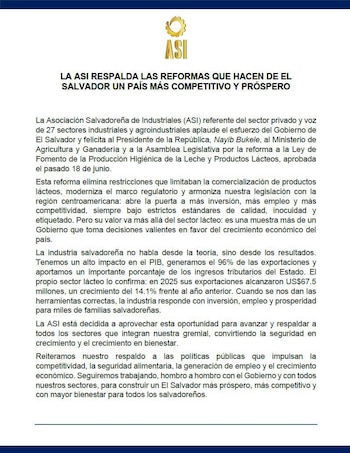 Gremio empresarial afirma que reforma a la ley de lácteos armoniza el comercio con Centroamérica.