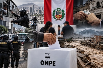 Fotomontaje con una mano depositando un voto en una urna de la ONPE, la bandera peruana, policías, un asalto y un río desbordado