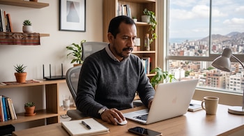 Un hombre con bigote usa una computadora portátil en un escritorio con un cuaderno, un teléfono y una taza frente a una ventana.