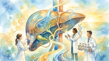 Ilustración acuarela de un hígado humano con vías luminosas; tres figuras médicas sostienen ADN, tubos de ensayo y frascos de medicación. Fondo abstracto con moléculas.