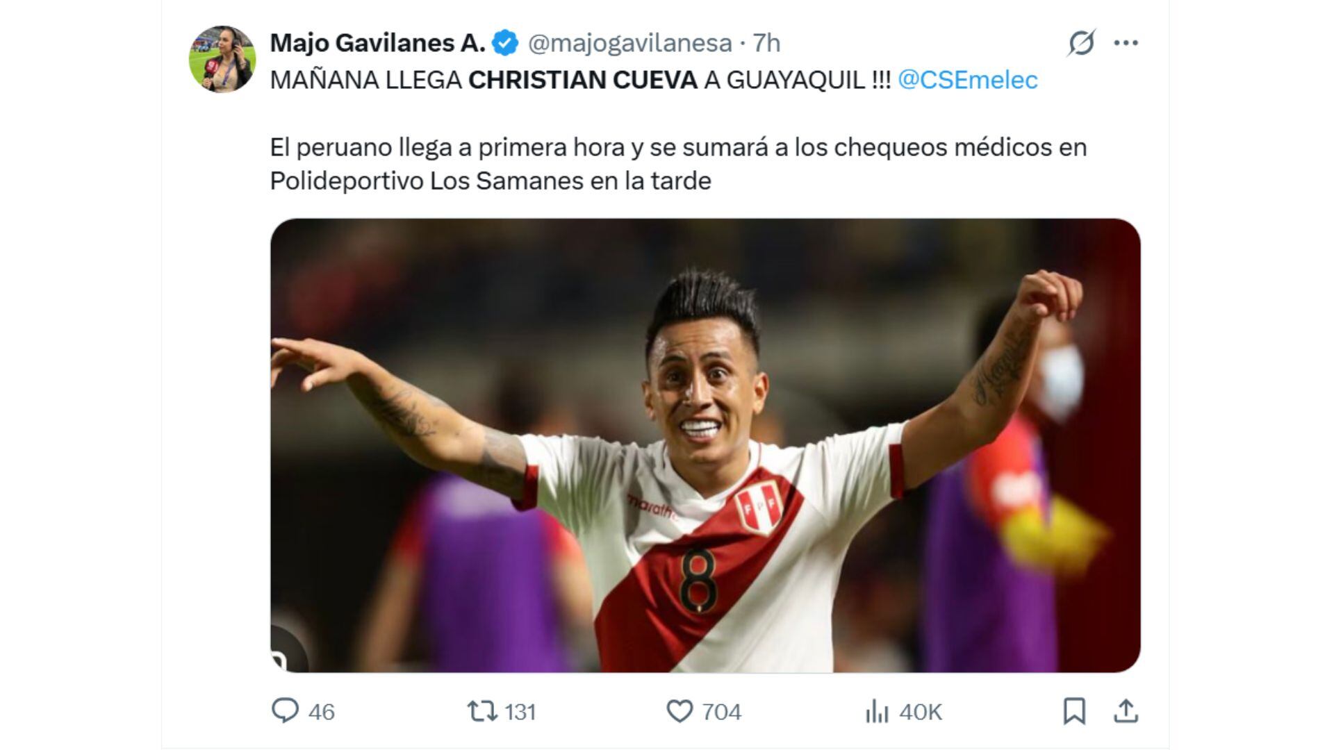 Periodista ecuatoriana afirmó que Christian Cueva viajará a Ecuador para fichar por Emelec.