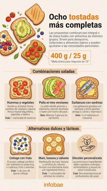 Infografía ilustrada con varias opciones de tostadas que incluyen ingredientes como tomates, palta, sardinas, queso cottage y frutas.
