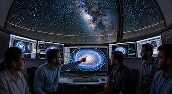 Grupo de cinco científicos y astrónomos observando múltiples pantallas con imágenes de la Vía Láctea en una sala de control con un cielo estrellado proyectado.