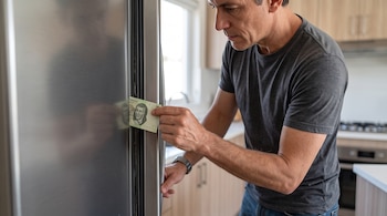 Un hombre sostiene un billete verde atrapado en la junta de goma de la puerta de un refrigerador de acero inoxidable.