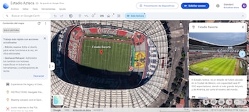 Captura de pantalla de Google Earth con vista aérea de un estadio, pin de ubicación con texto "Estadio Banorte", y panel de información sobre Estadio Azteca