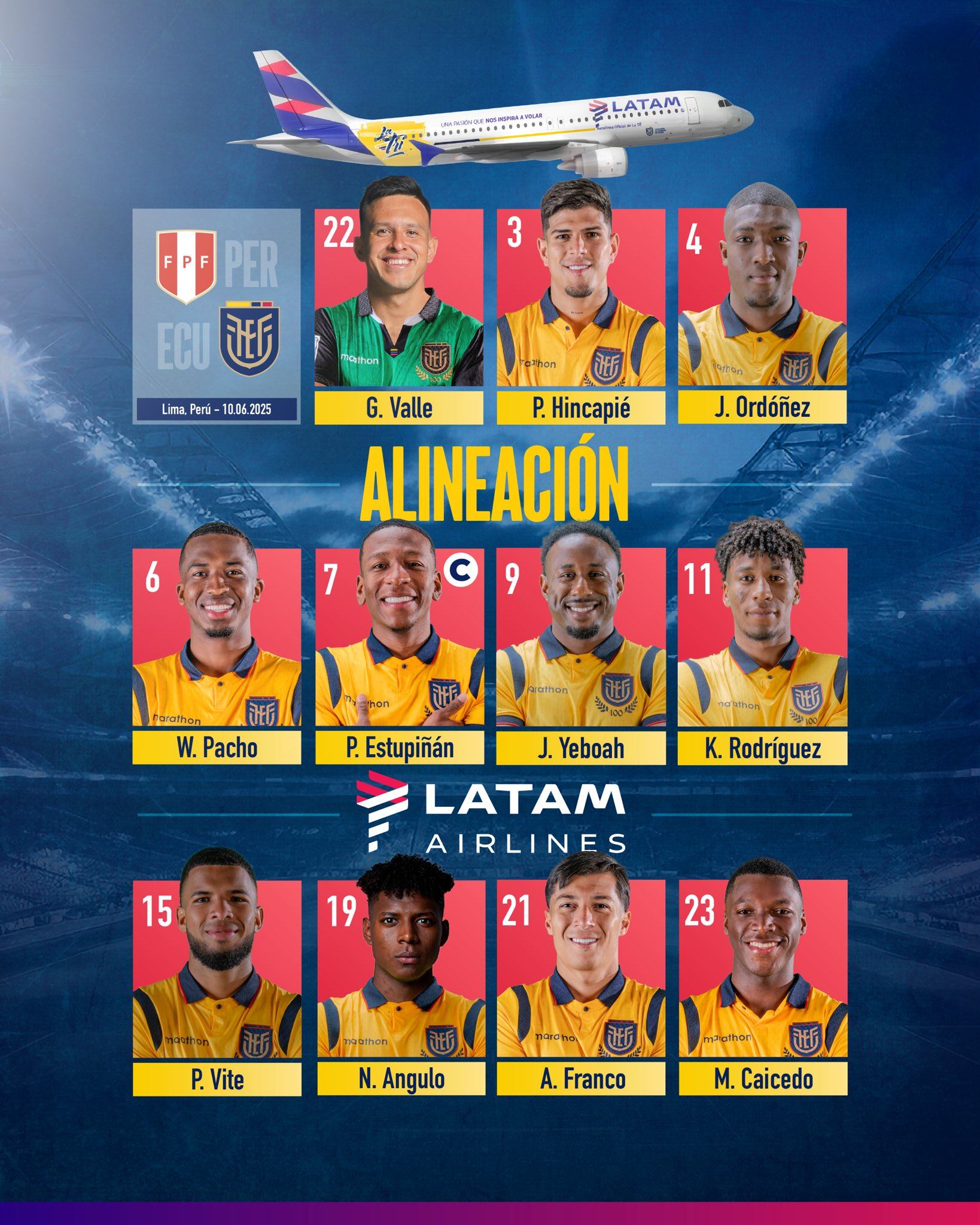 Once de Ecuador en su último duelo ante ante Perú por Eliminatorias 2026.
