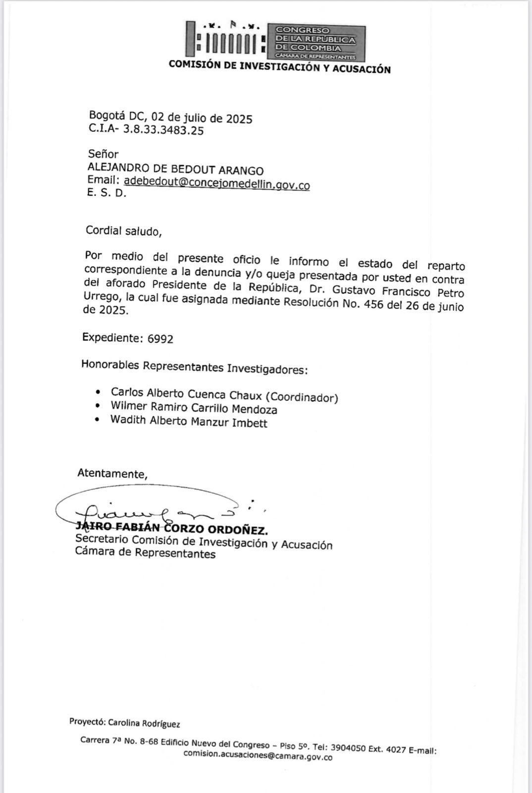 La Comisión de Investigación y Acusación de la Cámara de Representantes aceptó y repartió formalmente una denuncia contra el presidente Gustavo Petro - crédito @alejodebedout/X