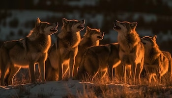 Seis lobos con pelaje rojizo y gris aúllan en un campo nevado y con hierba seca, iluminados por una luz cálida y anaranjada desde la derecha