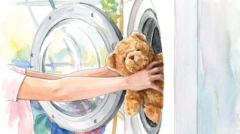 Manos humanas introducen un oso de peluche marrón en una lavadora blanca de carga frontal con la puerta abierta.