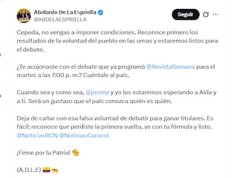 El candidato presidencial Abelardo de la Espriella respondió a exigencias de Iván Cepeda para la realización de un debate - crédito @ABDELAESPRIELLA/X