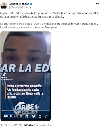 Miguel Polo Polo fue señalado por Gabriel Escobar de anunciar el fin de la educación pública si gana Abelardo de la Espriella - crédito @GabrielGEscobar/X