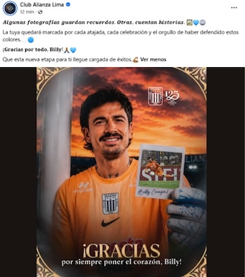La publicación de Alianza Lima sobre la salida de Guillermo Viscarra, recordando su actuación ante Boca Juniors en La Bombonera por la Copa Libertadores 2025.