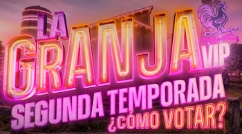 Letras luminosas con el texto La Granja VIP Segunda Temporada ¿Cómo votar? ante un granero, un silo y una veleta con forma de gallo.