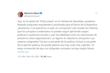 El mensaje de Mauricio Macri por el fracaso de la sesión por Ficha Limpia