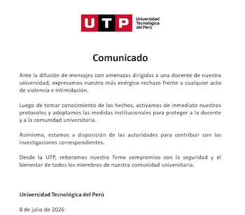 Documento blanco con el logo UTP Universidad Tecnológica del Perú, el título Comunicado y párrafos de texto. Al final indica Universidad Tecnológica del Perú y fecha 8 de julio de 2026